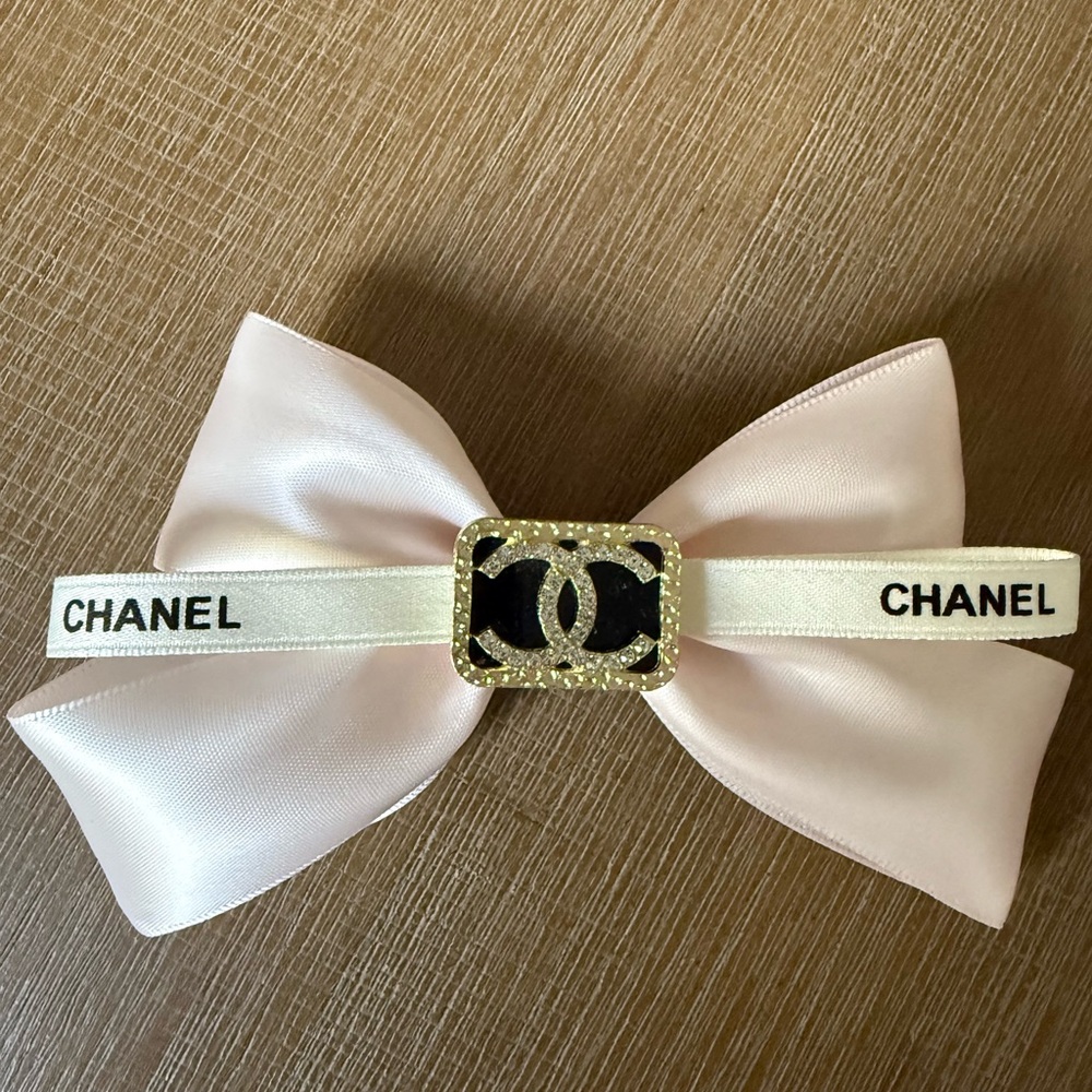Pink & Ivory Bow Hair Clip with Gold Logo